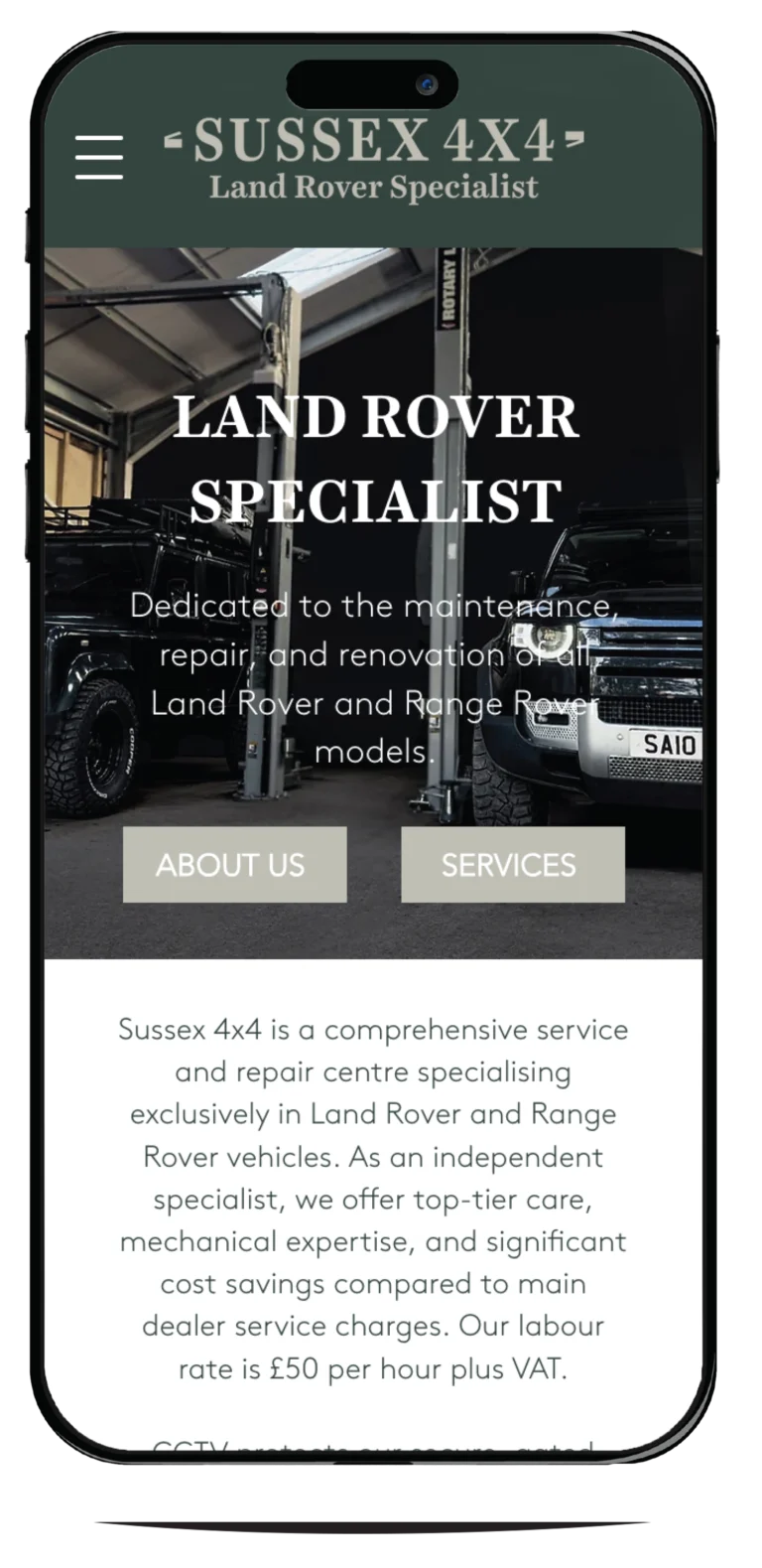 img src="Sussex-4x4-website-mobile" alt="Mobile-friendly website design example, showcasing its responsive and optimised layout for seamless mobile use.">