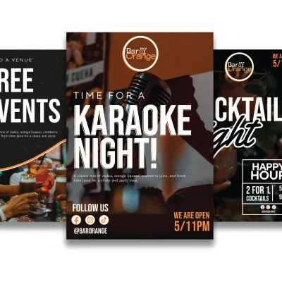 img src="Bar-Orange Leaflets" alt="Custom-designed event leaflets for Bar Orange, featuring eye-catching visuals and branding to promote various events.".>